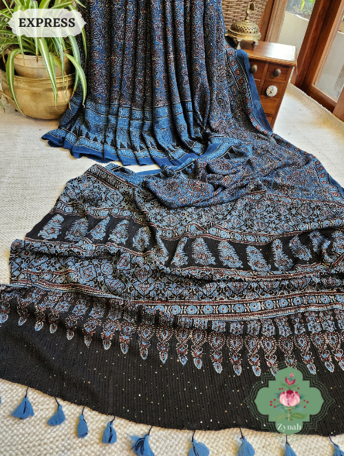 Zynah Indigo Pure Georgette Silk Ajrakh Saree With Sequin Work; Custom Stitched/Ready-made Blouse, Fall, Petticoat; SKU: 2102202302