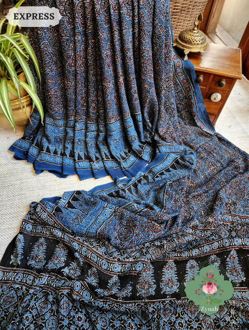 Zynah Indigo Pure Georgette Silk Ajrakh Saree With Sequin Work; Custom Stitched/Ready-made Blouse, Fall, Petticoat; SKU: 2102202302