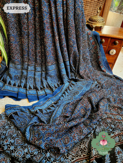 Zynah Indigo Pure Georgette Silk Ajrakh Saree With Sequin Work; Custom Stitched/Ready-made Blouse, Fall, Petticoat; SKU: 2102202302