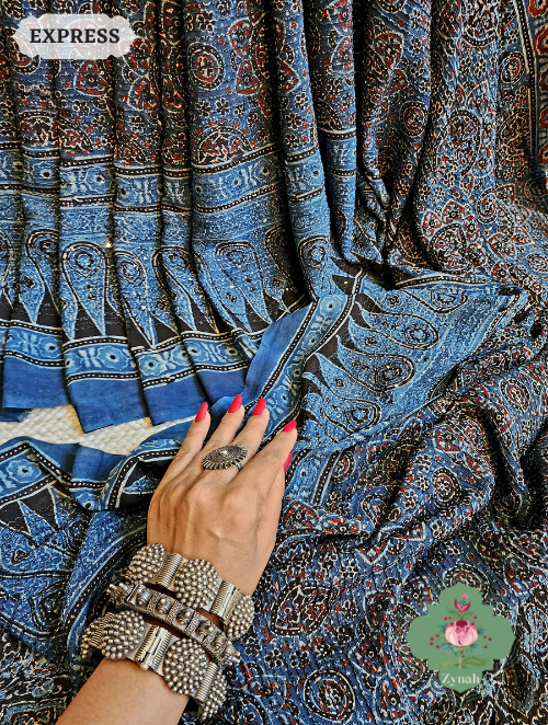 Zynah Indigo Pure Georgette Silk Ajrakh Saree With Sequin Work; Custom Stitched/Ready-made Blouse, Fall, Petticoat; SKU: 2102202302