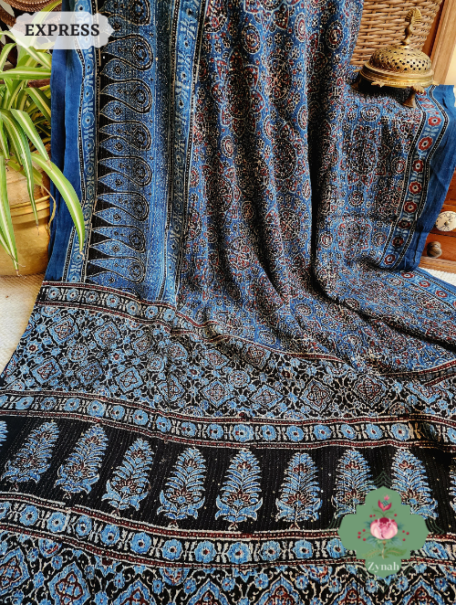Zynah Indigo Pure Georgette Silk Ajrakh Saree With Sequin Work; Custom Stitched/Ready-made Blouse, Fall, Petticoat; SKU: 2102202302