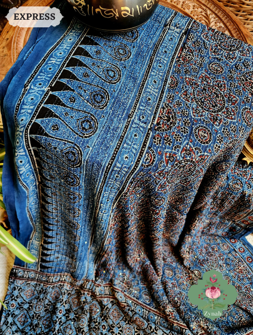 Zynah Indigo Pure Georgette Silk Ajrakh Saree With Sequin Work; Custom Stitched/Ready-made Blouse, Fall, Petticoat; SKU: 2102202302