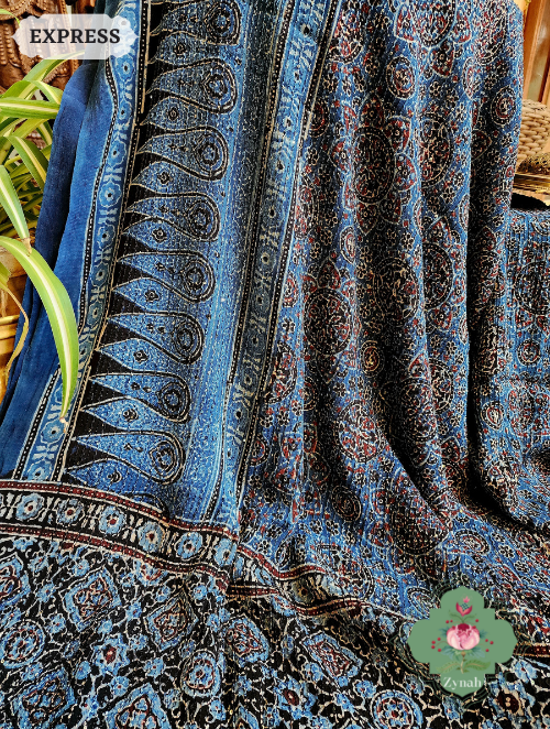 Zynah Indigo Pure Georgette Silk Ajrakh Saree With Sequin Work; Custom Stitched/Ready-made Blouse, Fall, Petticoat; SKU: 2102202302