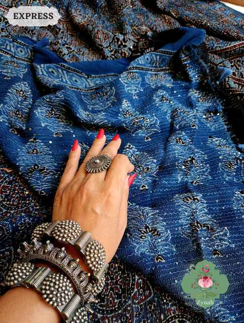 Zynah Indigo Pure Georgette Silk Ajrakh Saree With Sequin Work; Custom Stitched/Ready-made Blouse, Fall, Petticoat; SKU: 2102202302