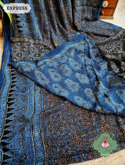 Zynah Indigo Pure Georgette Silk Ajrakh Saree With Sequin Work; Custom Stitched/Ready-made Blouse, Fall, Petticoat; SKU: 2102202302