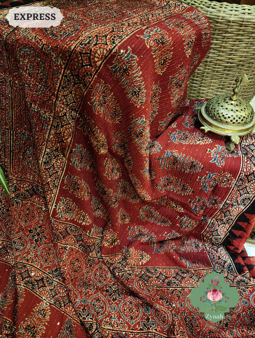 Zynah Madder Red Pure Georgette Silk Ajrakh Saree With Sequin Work; Custom Stitched/Ready-made Blouse, Fall, Petticoat; SKU: 2102202304