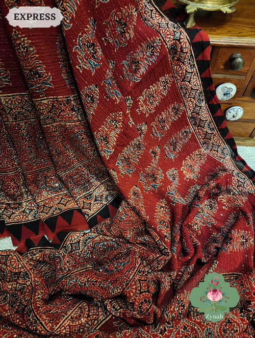 Zynah Madder Red Pure Georgette Silk Ajrakh Saree With Sequin Work; Custom Stitched/Ready-made Blouse, Fall, Petticoat; SKU: 2102202304