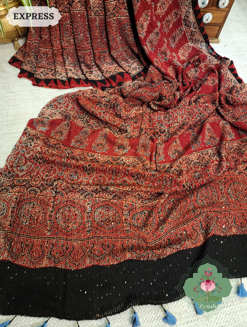 Zynah Madder Red Pure Georgette Silk Ajrakh Saree With Sequin Work; Custom Stitched/Ready-made Blouse, Fall, Petticoat; SKU: 2102202304