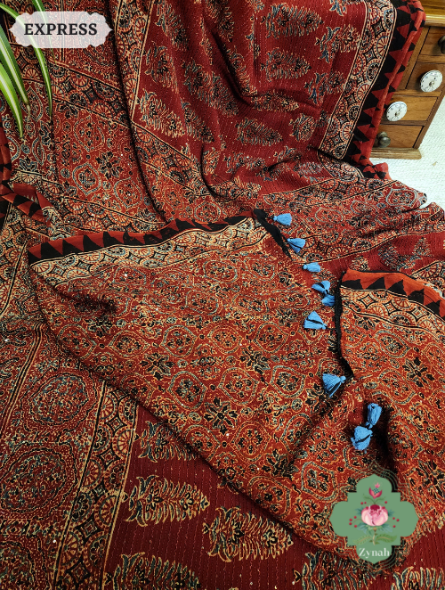Zynah Madder Red Pure Georgette Silk Ajrakh Saree With Sequin Work; Custom Stitched/Ready-made Blouse, Fall, Petticoat; SKU: 2102202304