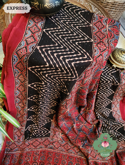 Zynah Madder Red Pure Georgette Silk Ajrakh Saree With Sequin Work; Custom Stitched/Ready-made Blouse, Fall, Petticoat; SKU: 2102202303