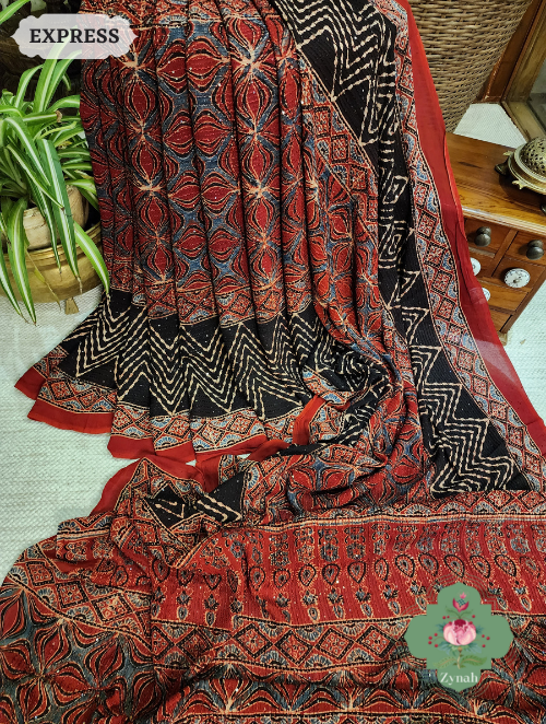 Zynah Madder Red Pure Georgette Silk Ajrakh Saree With Sequin Work; Custom Stitched/Ready-made Blouse, Fall, Petticoat; SKU: 2102202303