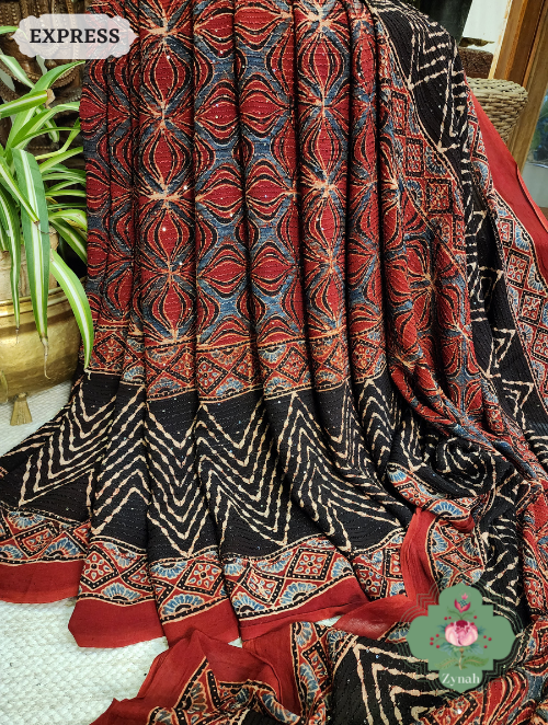 Zynah Madder Red Pure Georgette Silk Ajrakh Saree With Sequin Work; Custom Stitched/Ready-made Blouse, Fall, Petticoat; SKU: 2102202303