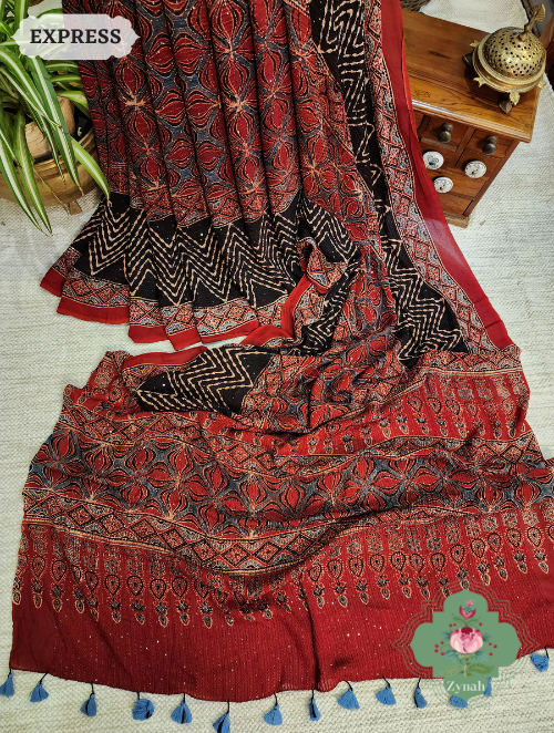 Zynah Madder Red Pure Georgette Silk Ajrakh Saree With Sequin Work; Custom Stitched/Ready-made Blouse, Fall, Petticoat; SKU: 2102202303