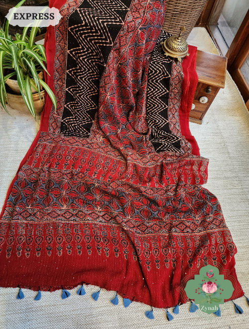 Zynah Madder Red Pure Georgette Silk Ajrakh Saree With Sequin Work; Custom Stitched/Ready-made Blouse, Fall, Petticoat; SKU: 2102202303