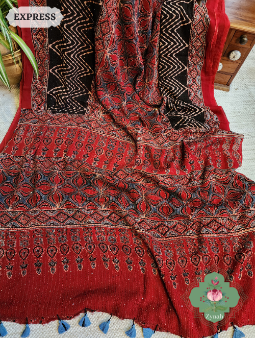 Zynah Madder Red Pure Georgette Silk Ajrakh Saree With Sequin Work; Custom Stitched/Ready-made Blouse, Fall, Petticoat; SKU: 2102202303