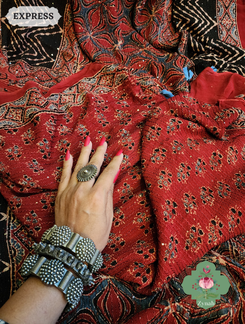 Zynah Madder Red Pure Georgette Silk Ajrakh Saree With Sequin Work; Custom Stitched/Ready-made Blouse, Fall, Petticoat; SKU: 2102202303