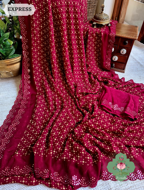 Zynah Maroon Wrinkle Crepe Silk Saree with Bandhani Inspired Prints & Mirror Work Scalloped Borders; Custom Stitched/Ready-made Blouse, Fall, Petticoat; SKU: 0202202303