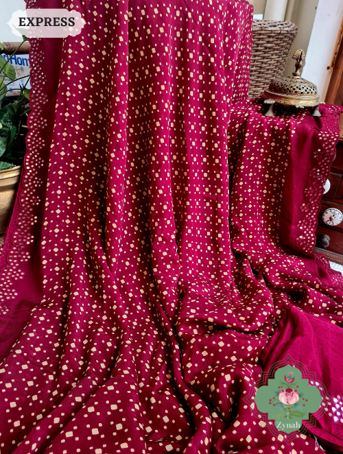 Zynah Maroon Wrinkle Crepe Silk Saree with Bandhani Inspired Prints & Mirror Work Scalloped Borders; Custom Stitched/Ready-made Blouse, Fall, Petticoat; SKU: 0202202303