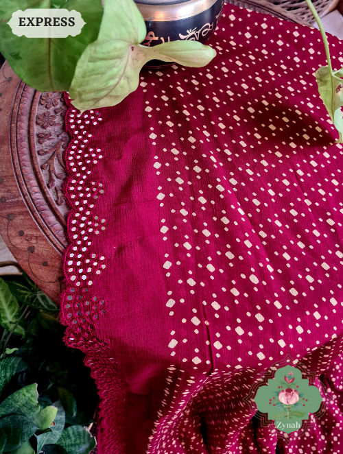 Zynah Maroon Wrinkle Crepe Silk Saree with Bandhani Inspired Prints & Mirror Work Scalloped Borders; Custom Stitched/Ready-made Blouse, Fall, Petticoat; SKU: 0202202303