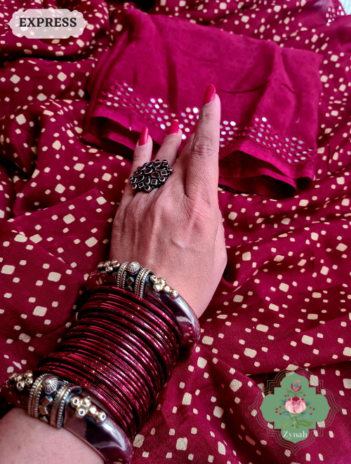 Zynah Maroon Wrinkle Crepe Silk Saree with Bandhani Inspired Prints & Mirror Work Scalloped Borders; Custom Stitched/Ready-made Blouse, Fall, Petticoat; SKU: 0202202303