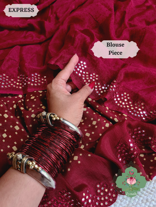 Zynah Maroon Wrinkle Crepe Silk Saree with Bandhani Inspired Prints & Mirror Work Scalloped Borders; Custom Stitched/Ready-made Blouse, Fall, Petticoat; SKU: 0202202303