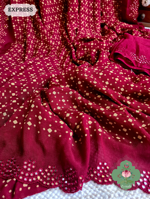 Zynah Maroon Wrinkle Crepe Silk Saree with Bandhani Inspired Prints & Mirror Work Scalloped Borders; Custom Stitched/Ready-made Blouse, Fall, Petticoat; SKU: 0202202303