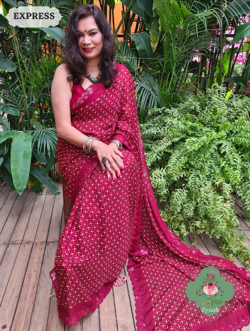Zynah Maroon Wrinkle Crepe Silk Saree with Bandhani Inspired Prints & Mirror Work Scalloped Borders; Custom Stitched/Ready-made Blouse, Fall, Petticoat; SKU: 0202202303