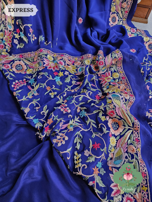 Zynah Navy Blue Pure Crepe Silk Hand Embroidered Parsi Gara Saree, Authentic Vintage Art, Heirloom Piece; Custom Stitched/Ready-made Blouse, Fall, Petticoat; SKU: 2302202305