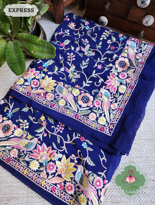 Zynah Navy Blue Pure Crepe Silk Hand Embroidered Parsi Gara Saree, Authentic Vintage Art, Heirloom Piece; Custom Stitched/Ready-made Blouse, Fall, Petticoat; SKU: 2302202305