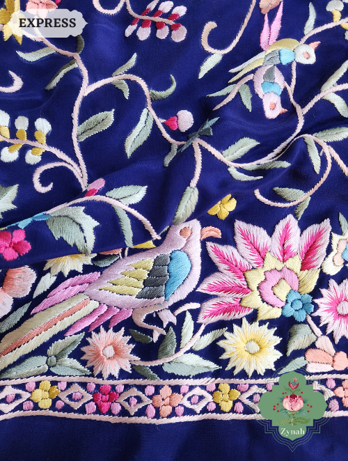Zynah Navy Blue Pure Crepe Silk Hand Embroidered Parsi Gara Saree, Authentic Vintage Art, Heirloom Piece; Custom Stitched/Ready-made Blouse, Fall, Petticoat; SKU: 2302202305