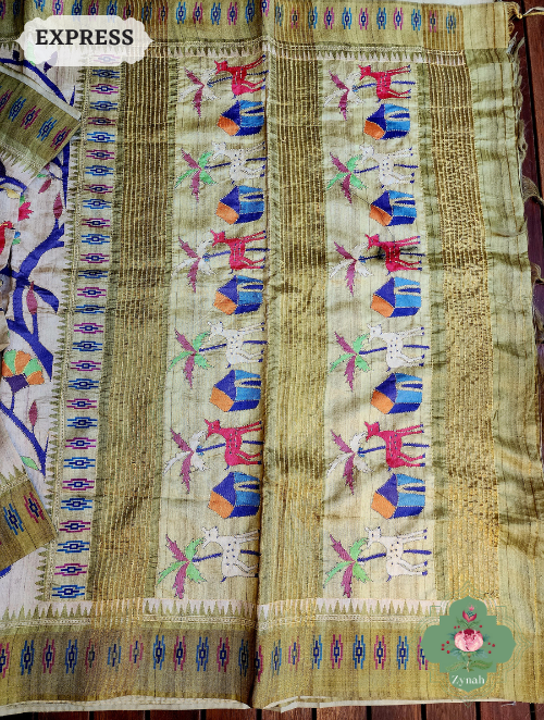 Zynah Beige/Olive Jute Linen Saree With Kantha Work; Custom Stitched/Ready-made Blouse, Fall, Petticoat; SKU: 1104202302