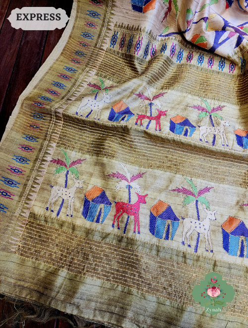 Zynah Beige/Olive Jute Linen Saree With Kantha Work; Custom Stitched/Ready-made Blouse, Fall, Petticoat; SKU: 1104202302