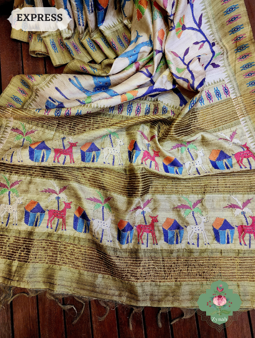 Zynah Beige/Olive Jute Linen Saree With Kantha Work; Custom Stitched/Ready-made Blouse, Fall, Petticoat; SKU: 1104202302