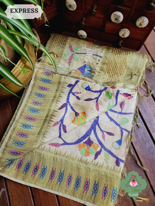 Zynah Beige/Olive Jute Linen Saree With Kantha Work; Custom Stitched/Ready-made Blouse, Fall, Petticoat; SKU: 1104202302