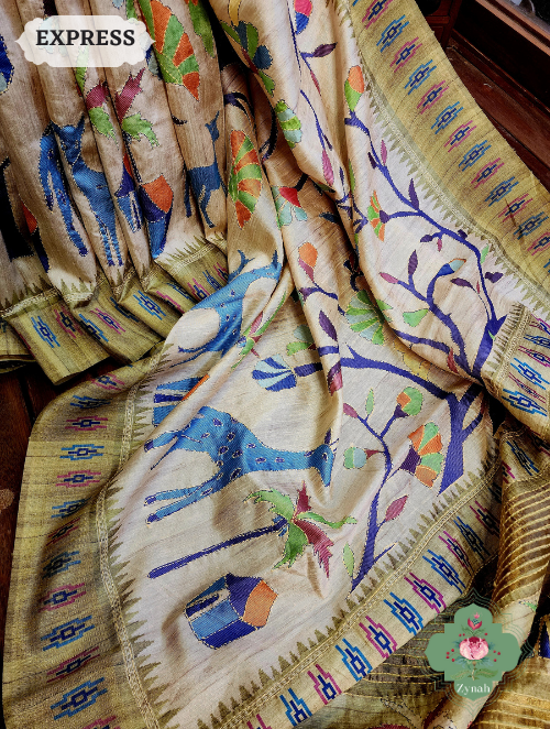 Zynah Beige/Olive Jute Linen Saree With Kantha Work; Custom Stitched/Ready-made Blouse, Fall, Petticoat; SKU: 1104202302