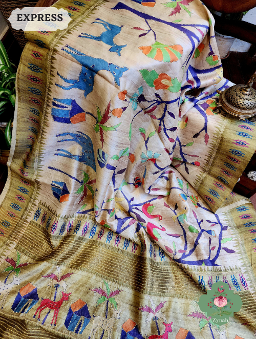Zynah Beige/Olive Jute Linen Saree With Kantha Work; Custom Stitched/Ready-made Blouse, Fall, Petticoat; SKU: 1104202302