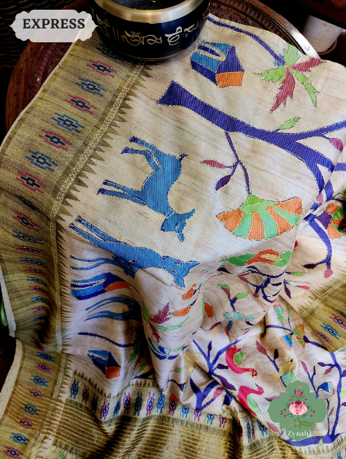 Zynah Beige/Olive Jute Linen Saree With Kantha Work; Custom Stitched/Ready-made Blouse, Fall, Petticoat; SKU: 1104202302