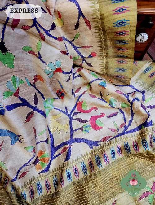 Zynah Beige/Olive Jute Linen Saree With Kantha Work; Custom Stitched/Ready-made Blouse, Fall, Petticoat; SKU: 1104202302