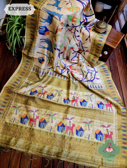 Zynah Beige/Olive Jute Linen Saree With Kantha Work; Custom Stitched/Ready-made Blouse, Fall, Petticoat; SKU: 1104202302