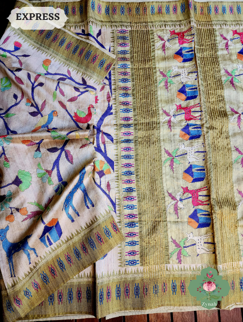 Zynah Beige/Olive Jute Linen Saree With Kantha Work; Custom Stitched/Ready-made Blouse, Fall, Petticoat; SKU: 1104202302
