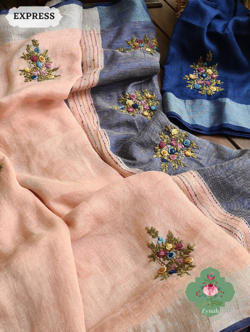 Zynah Peach Organic & Superior Count Pure Linen By Linen Saree With Zari Border, French-knot Embroidered Butis & Kantha Work Pallu; Custom Stitched/Ready-made Blouse, Fall, Petticoat; SKU: 2401202303