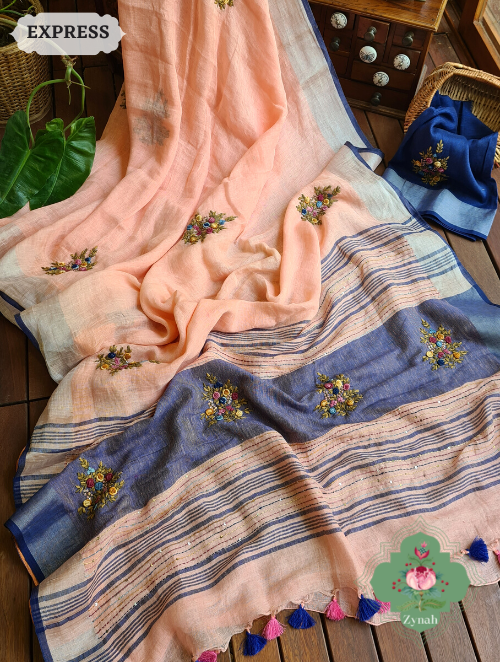 Zynah Peach Organic & Superior Count Pure Linen By Linen Saree With Zari Border, French-knot Embroidered Butis & Kantha Work Pallu; Custom Stitched/Ready-made Blouse, Fall, Petticoat; SKU: 2401202303