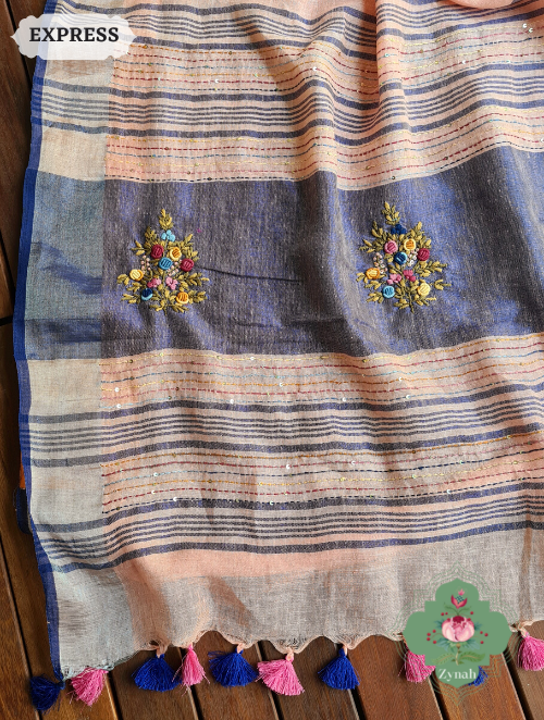 Zynah Peach Organic & Superior Count Pure Linen By Linen Saree With Zari Border, French-knot Embroidered Butis & Kantha Work Pallu; Custom Stitched/Ready-made Blouse, Fall, Petticoat; SKU: 2401202303