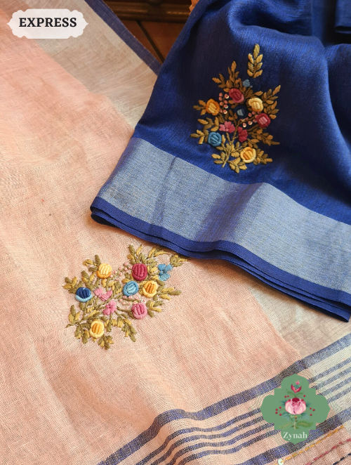 Zynah Peach Organic & Superior Count Pure Linen By Linen Saree With Zari Border, French-knot Embroidered Butis & Kantha Work Pallu; Custom Stitched/Ready-made Blouse, Fall, Petticoat; SKU: 2401202303