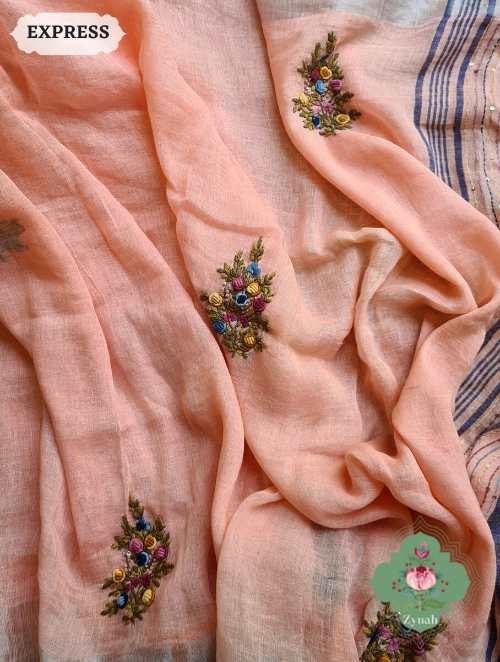Zynah Peach Organic & Superior Count Pure Linen By Linen Saree With Zari Border, French-knot Embroidered Butis & Kantha Work Pallu; Custom Stitched/Ready-made Blouse, Fall, Petticoat; SKU: 2401202303