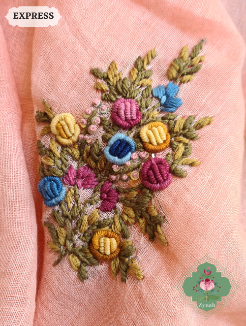 Zynah Peach Organic & Superior Count Pure Linen By Linen Saree With Zari Border, French-knot Embroidered Butis & Kantha Work Pallu; Custom Stitched/Ready-made Blouse, Fall, Petticoat; SKU: 2401202303