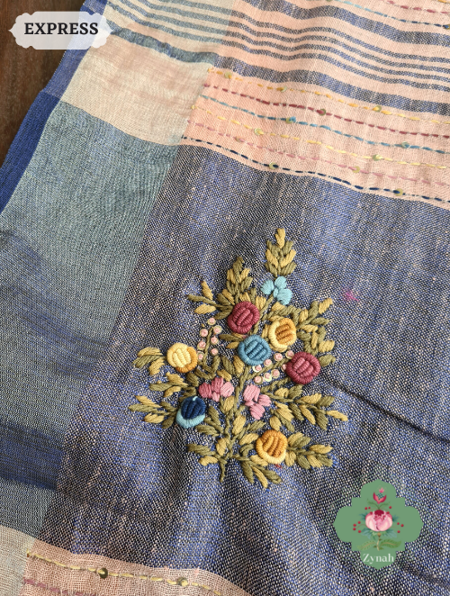 Zynah Peach Organic & Superior Count Pure Linen By Linen Saree With Zari Border, French-knot Embroidered Butis & Kantha Work Pallu; Custom Stitched/Ready-made Blouse, Fall, Petticoat; SKU: 2401202303