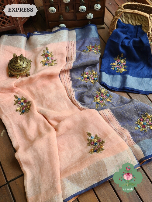 Zynah Peach Organic & Superior Count Pure Linen By Linen Saree With Zari Border, French-knot Embroidered Butis & Kantha Work Pallu; Custom Stitched/Ready-made Blouse, Fall, Petticoat; SKU: 2401202303