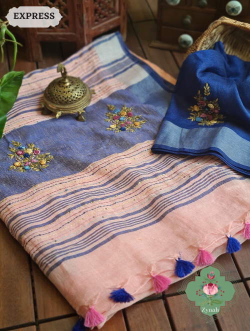 Zynah Peach Organic & Superior Count Pure Linen By Linen Saree With Zari Border, French-knot Embroidered Butis & Kantha Work Pallu; Custom Stitched/Ready-made Blouse, Fall, Petticoat; SKU: 2401202303