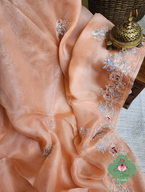 Zynah Peach Organza Silk Saree With Cutdana & Sequins Handwork; Custom Stitched/Ready-made Blouse, Fall, Petticoat; SKU: 1703202302